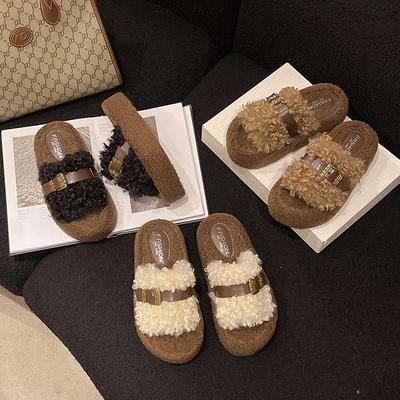 Lamb Wool Slippers Women's Autumn and Winter Outer Wear 2025 New Flat Bottom Low Heel Small Fragrant Wind Belt Buckle One Word Cotton