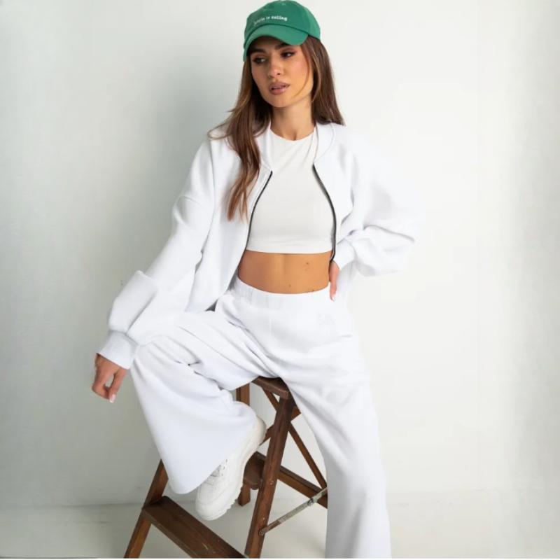 Women's Autumn 2-Piece Sportswear Set - Casual Long Sleeve Zip-Up Baseball Jacket & Solid Color Trousers