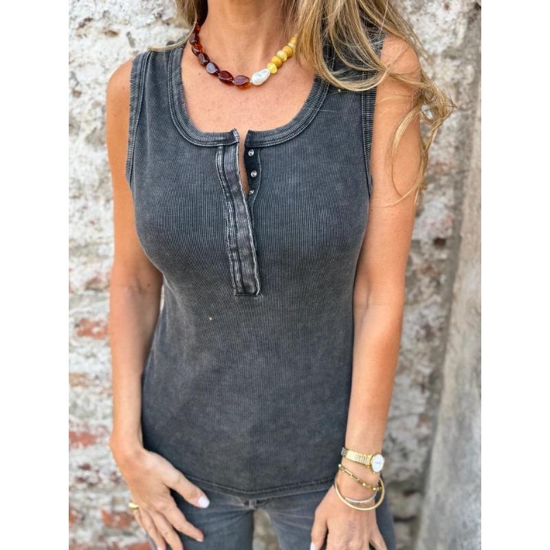 Womens Washed Gray Ribbed Henley Neck Sleeveless Tank Top S