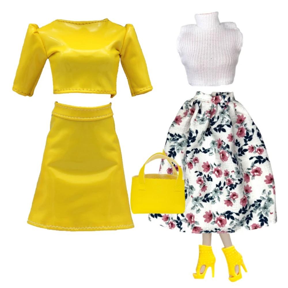 Elegantes Puppenoutfit für 1/6 Puppe Modepuppe Rosa Hahnentritt-Kleid Hut Goldener Gürtel Handtasche mit Schuhen Set