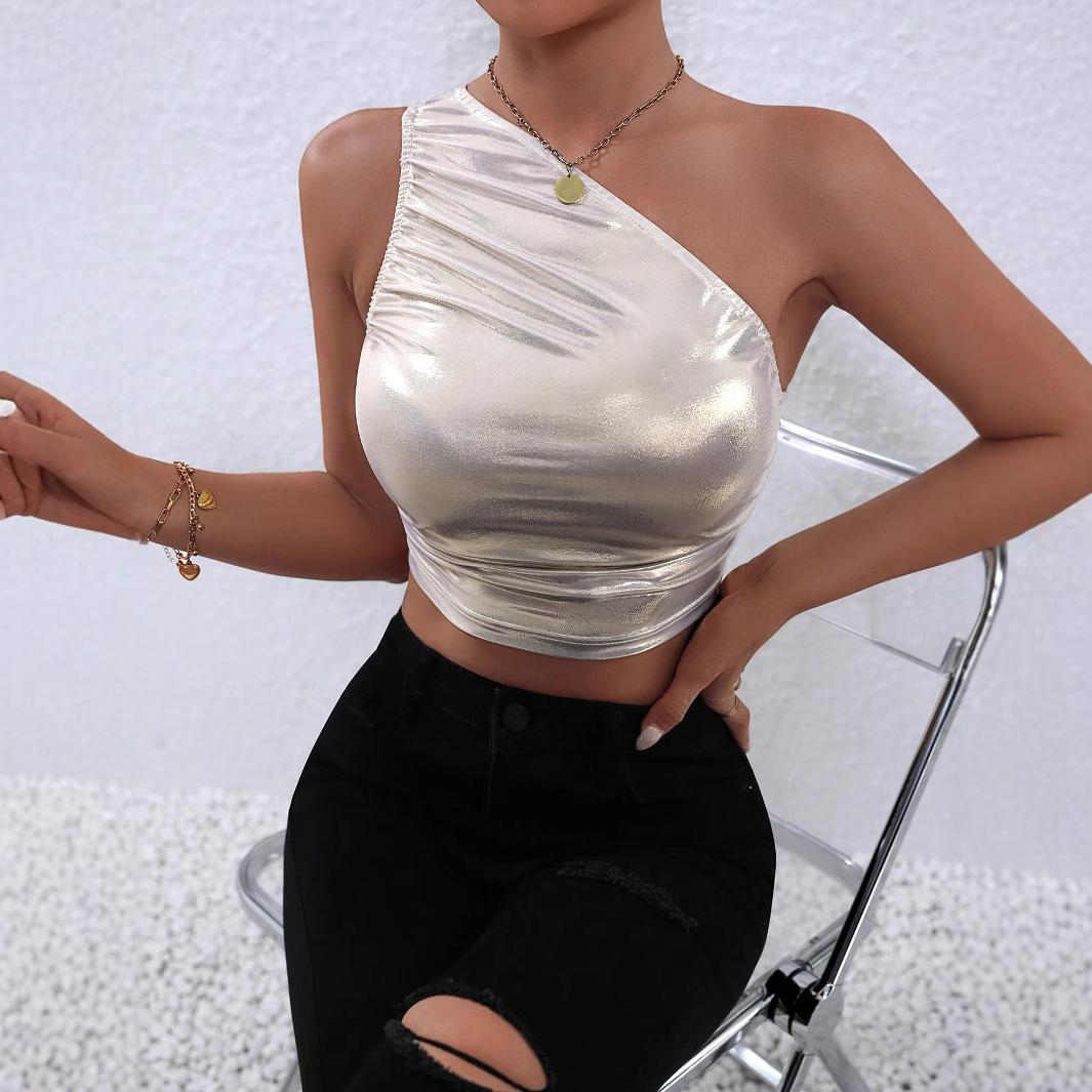 

Женский однотонный топ с косыми плечами для отдыха, сексуальный облегающий укороченный жилет без рукавов, топы SL M серебряный