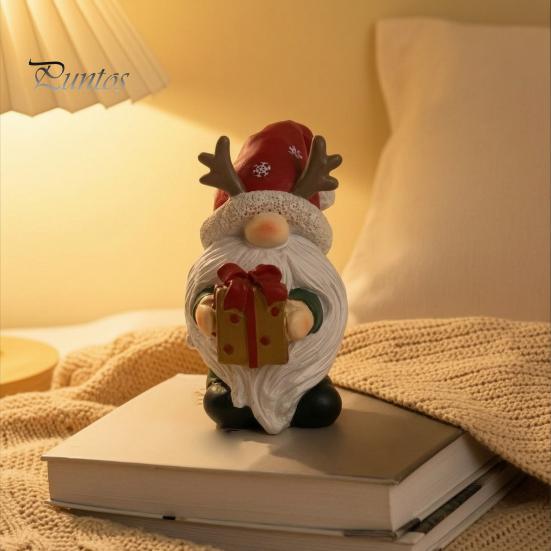 Christmas Home Accents Gnome Figurine, Resin Red Santa Dwarf Statue with Tree/Gift Box, Desktop Ornament Tomte Swedish Nordic for Table Mantel Office