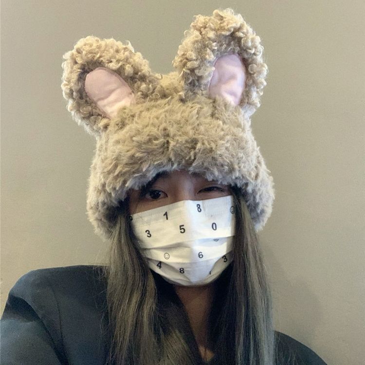 

Корейская милая плюшевая шапка с кроличьими ушками для женщин, теплая вязаная шапка на осень и зиму, защита ушей, маленькая шапка для лица от холода, шапка-баотоу, модная One size