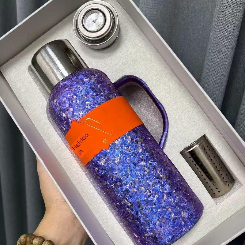 Heirloom Pot, Pure Titanium Large-Capacity Thermos Cup, Crystal Simple Design, Gift-Giving, Mechanical Temperature Display Kettle, Travel Outdoor Heirloom Pot-Snowflake Purple 1000ml