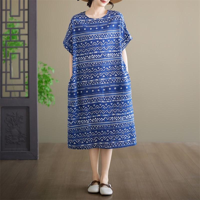Short Sleeve Plus Size Cotton Vintage Floral New In Dresses for Women Casual Loose Long Summer Dress