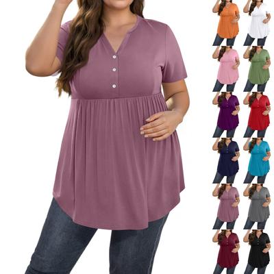 Women's Solid Color Large Size  V Neck Button-Up Top Casual Short Sleeve Flowy Top