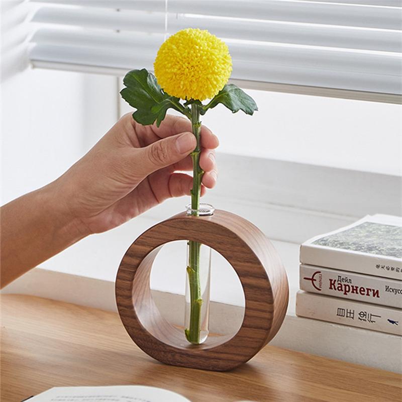 A84X-Flower Pot Wooden Vases Solid Wood Glass Vase Walnut Wood And Glass Flower Vase Decorative Vases Set Modern Home Decor B