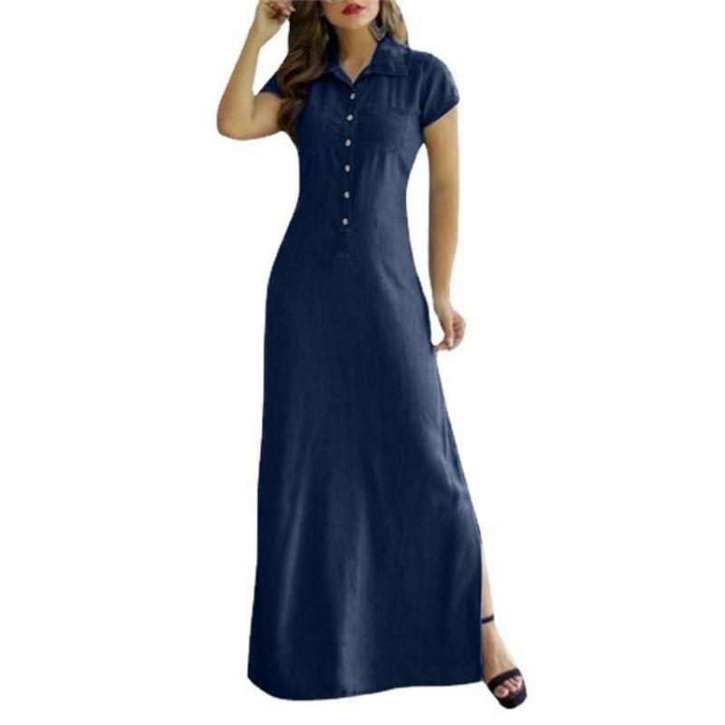 2026 New Women's Denim Shirt Dress - Long Casual Maxi Dress with Shirt Collar, Side Slit, Pockets, and Flared Hem, Plus Size Comfortable Summer Dress