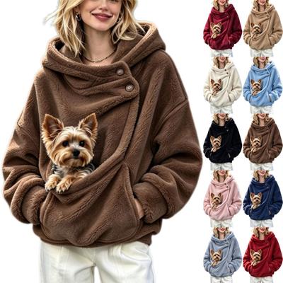 Damska bluza z kapturem polarowa z kieszenią na zwierzątko, krzyżowy kołnierz, guziki, pluszowa bluza, casualowa, jesienno-zimowa, ciepła, oversize, z kapturem