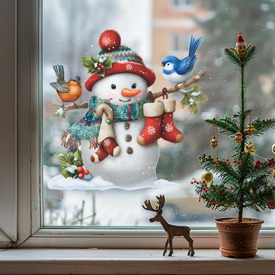 Cartoon Christmas Snowman Bird Home Christmas Atmosphere Decoration Stickers
