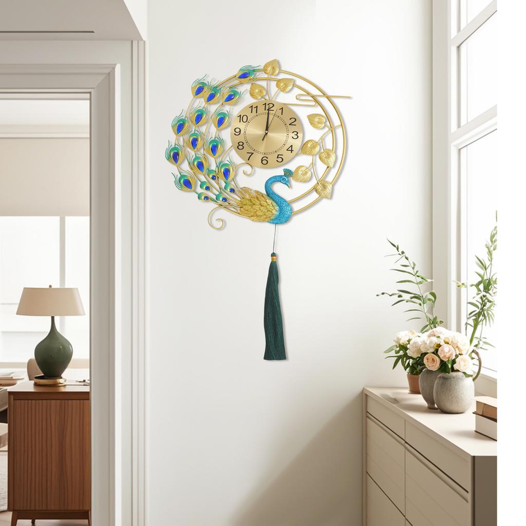 Peacock Metal Wall Clock,Gold Blue Wall-mounted Silent Art Wall Clock 58*100cm for Decoration Bedrooms