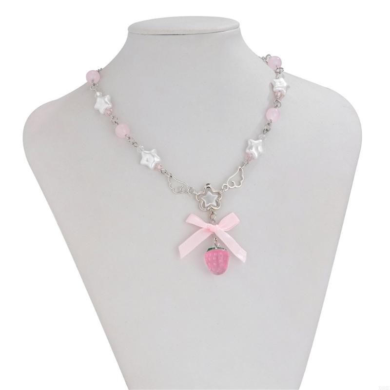 2025 Ny Söt Vit Femudd Rosa Rosett Jordgubbsberlock Chokerhalsband Goth Vintage Y2K Flickors Söta Smycken Accessoarer