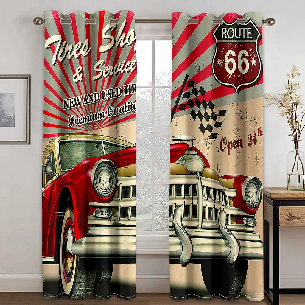 

Vintage Car Motorcycle Retro Classic Car Printed Clackout Drape Children Boys Girls Bedroom Space Living Room Bedroom Space Drape W55 X H120cm X 2&HOOK