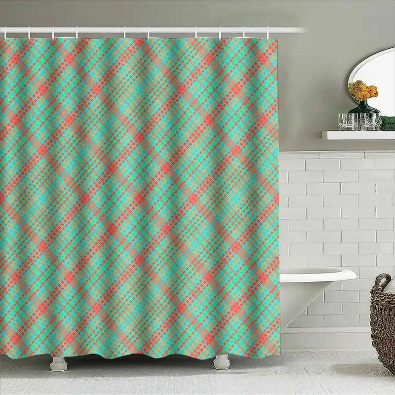 Plaid Pattern Waterproof Shower Curtain Modern Bathroom Decor Set For Home Decoration In Red Color