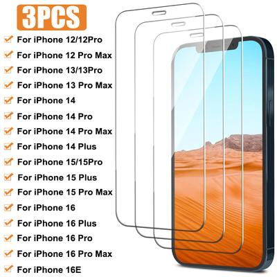 3Pcs HD Tempered Glass For iPhone 12 13 Pro Max 12Mini 13Mini Screen Protector For iPhone 14 15 16 Pro Max 15 Plus 16E Glass