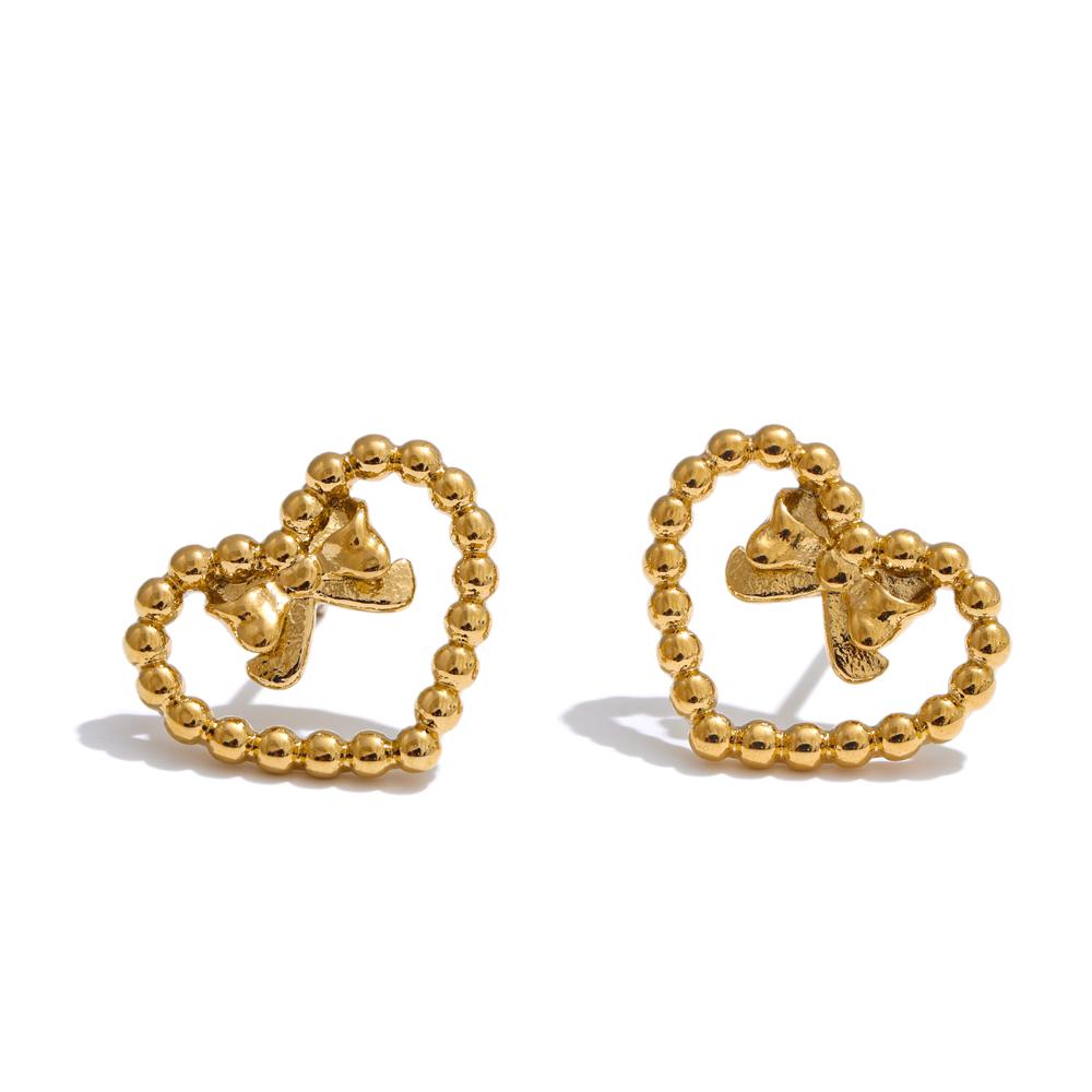 Yhpup Waterproof Stainless Steel Heart Bowknot Hollow Small Stud Earrings Sweet Chic Trendy Daily Jewelry