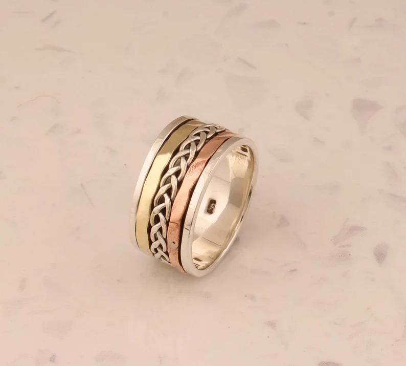 Solid 925 Sterling Silver Ring, Three Tone Spinner Band Ring, Dainty Ring, Spinner Ring, Party Ring, Men Women Ring