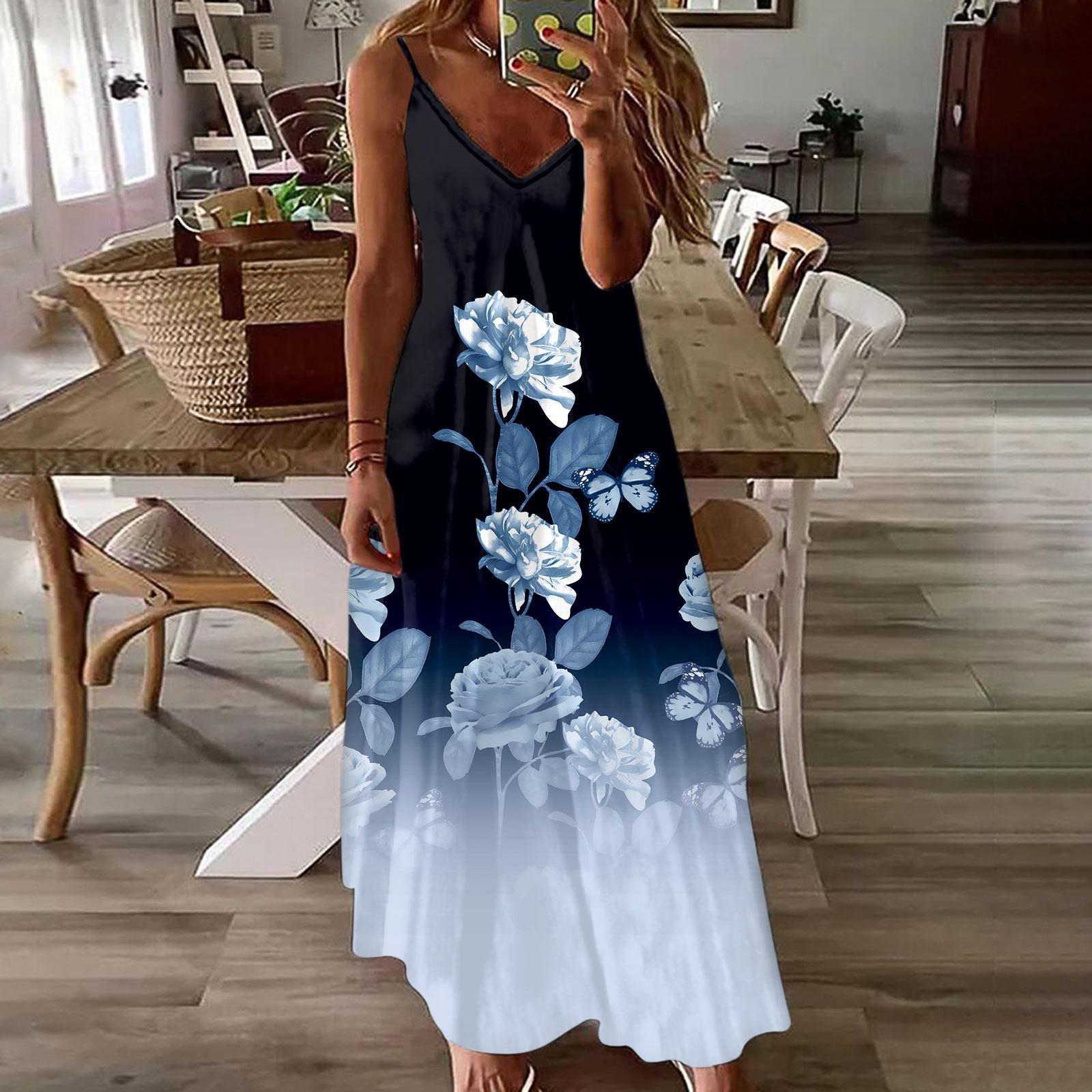 

Макси-платья для женщин, летний сарафан без рукавов в стиле бохо, повседневные длинные платья с v-образным вырезом, гавайское пляжное платье для отпуска XXXL тёмно-синий