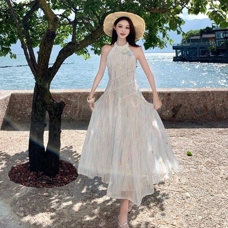 Seaside Vacation Dress Summer Waist Thin Sweet Design Lace Splicing Long Neck Dress