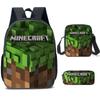 Minecraft Cartoon Print Backpack Set 3-Piece Student School Bag Water-Resistant Large Capacity Unisex