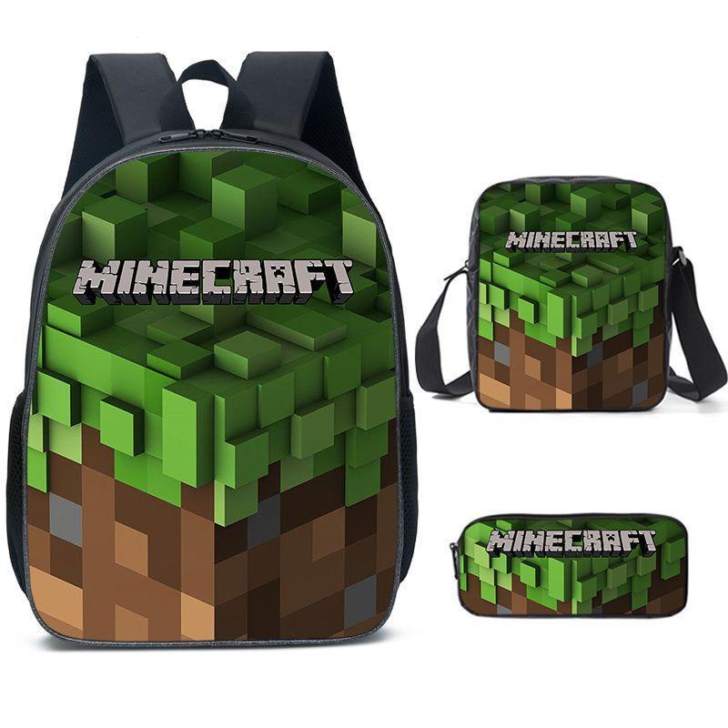 Minecraft Cartoon Print Backpack Set 3-Piece Student School Bag Water-Resistant Large Capacity Unisex