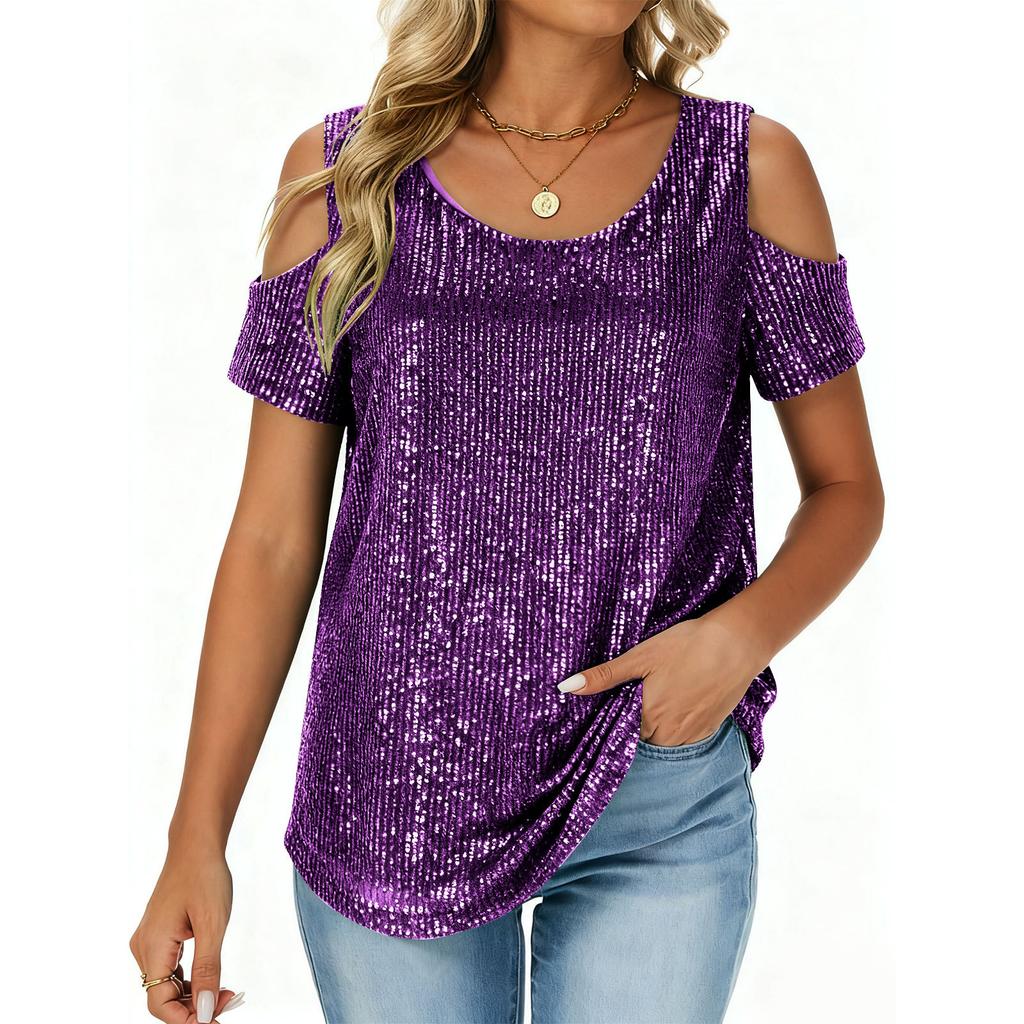 Ladies' Fashionable And Comfortable Loose Sequined Short Sleeved Top