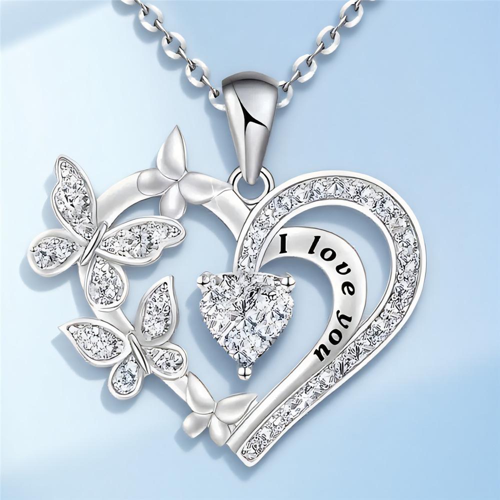Female Crystal White Purple Zircon Stone Heart Butterfly Pendant Necklace Vintage Silver Color Wedding Jewelry For Women