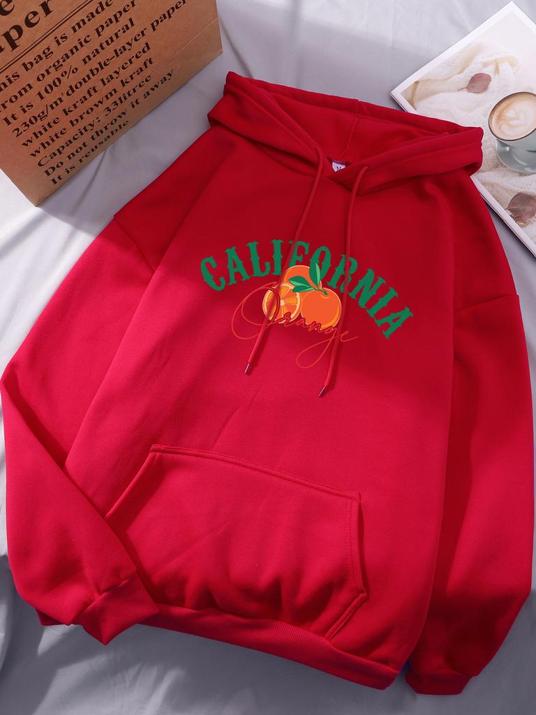 California Orange Printing Hoodies Women Winter Fleece Warm Sweatshirts Casual Pocket Pullovers Street Loose Womans Streetwears