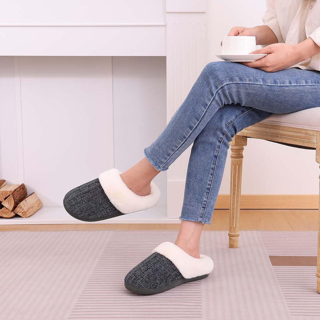 Fashion Litfun Comfy Wool-Like Lined Slippers For Women Chenille Slip On Slides With Memory Foam Winter Fluffy Warm Cozy Indoor Slippers