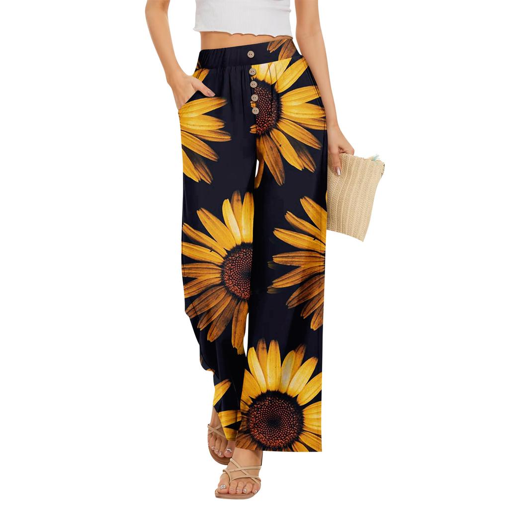Women’s Summer Loose Fit Floral Print Wide Leg Pants Stretch Waistband Button Front with Pockets Casual Lightweight Trousers for Daily Wear