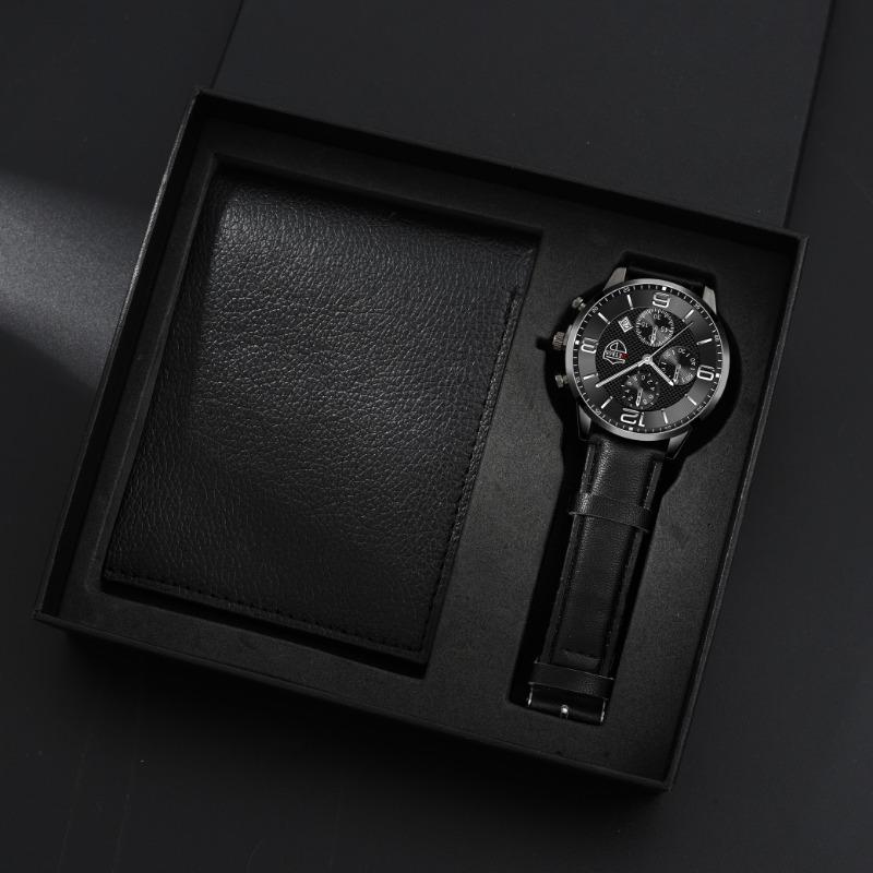 

Набор из 2 предметов DEYROS, новые модные мужские часы, деловые мужские часы с кожаным ремешком и календарем, мужские кварцевые часы и черный кошелек, лучший подарок для мужчин