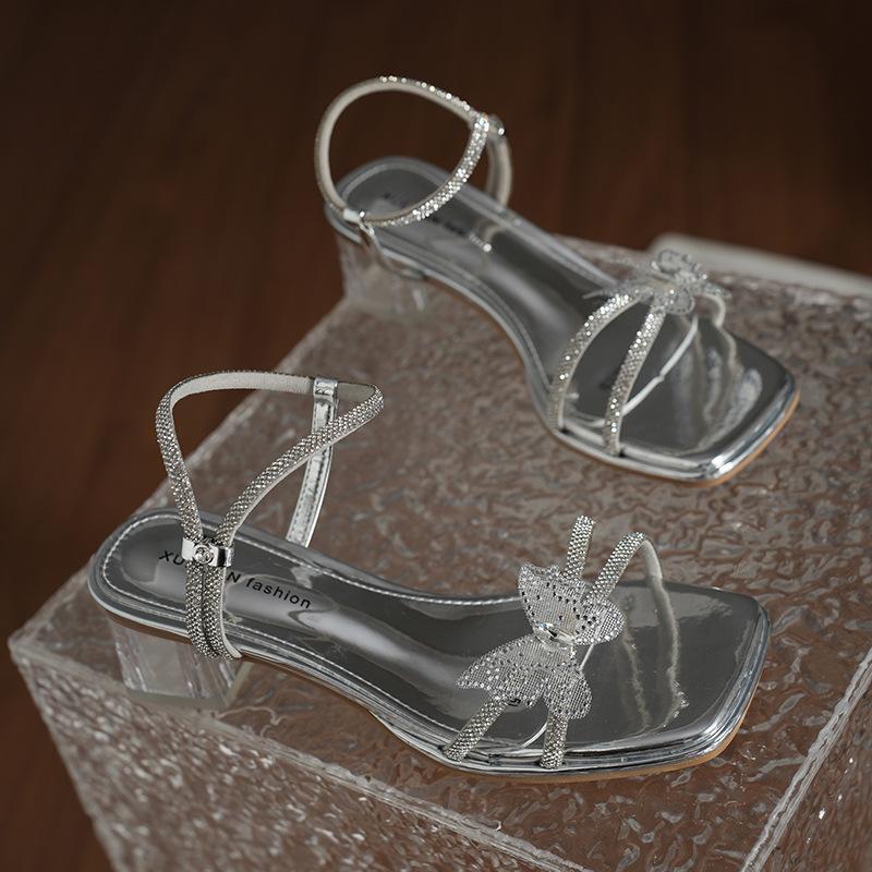 Fairy Wind Butterfly Rhinestone Thick Heel Sandals Female 2025 Summer New Fashion Square Head Transparent Middle Heel Two Wear Cool Slippers