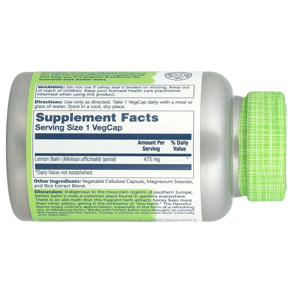 Solaray Lemon Balm 475mg Veggie Capsules, 100 Count