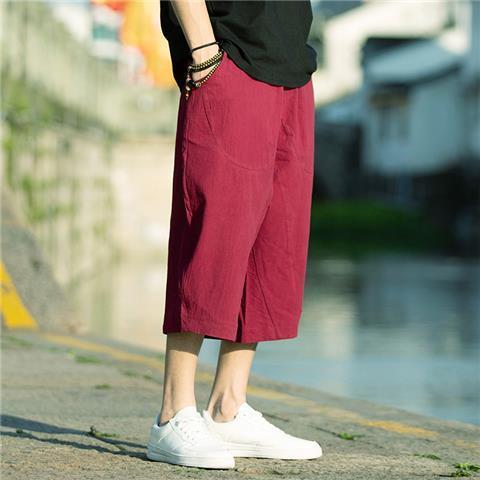 Summer Thin Cotton Linen Men's Loose Fit Seven-Foot Pants Wide Leg Casual Shorts Comfortable Breathable Lightweight Trousers