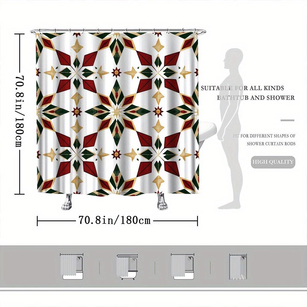 Geometric Star Curtain, Red-Green-Gold Design, Polyester, Diamonds & Triangles, Fade Resistant, Machine Washable, Bath Decor