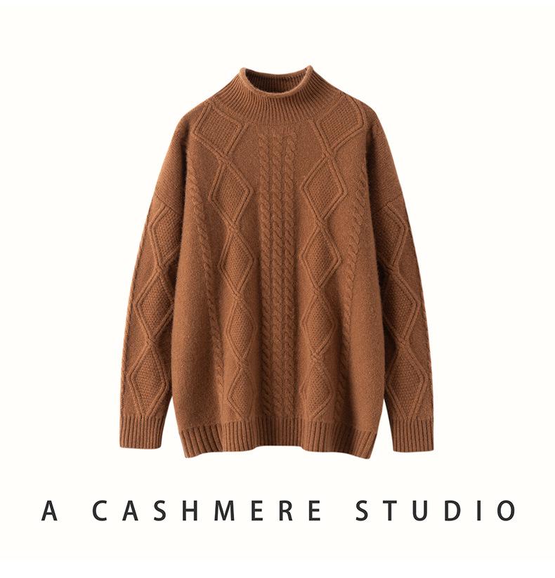 Autumn/Winter 2026 Women's Thickened Diamond Cashmere Sweater: Five-Needle, Three-Strand, Half-High Collar Versatile Base Layer.