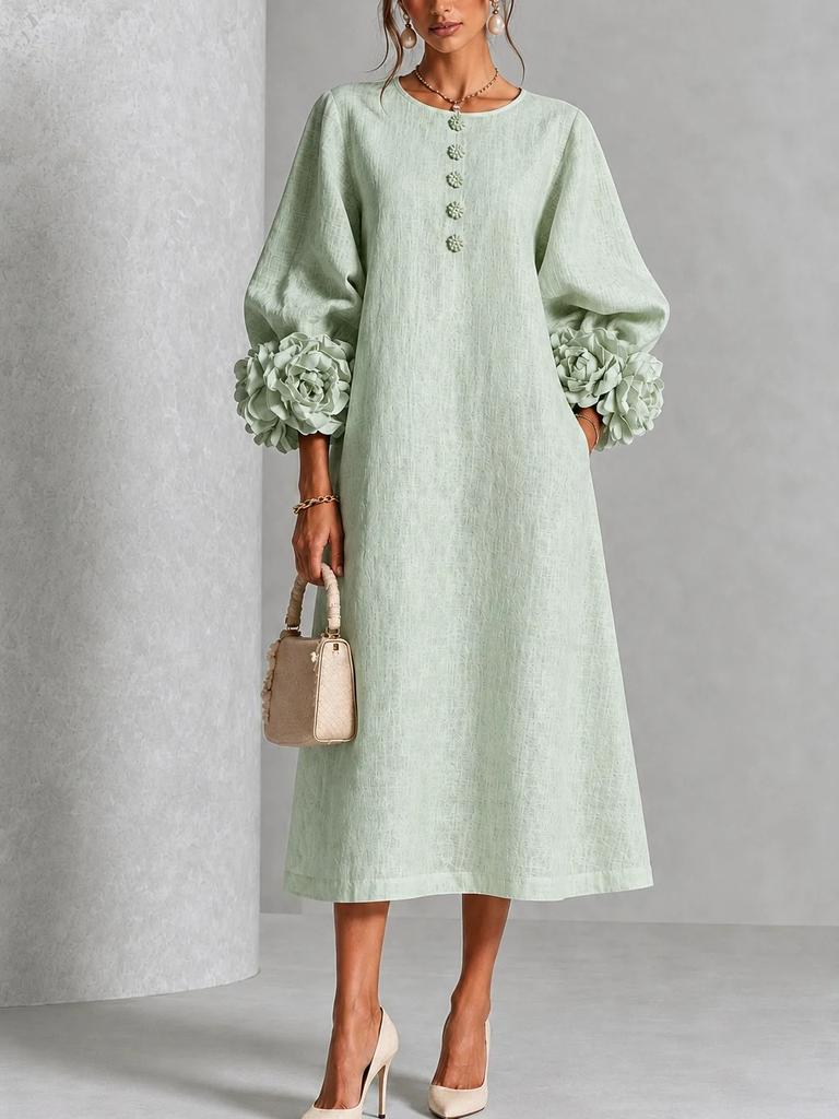 New floral button mid-length dress with eye-catching floral cuffs, European and American