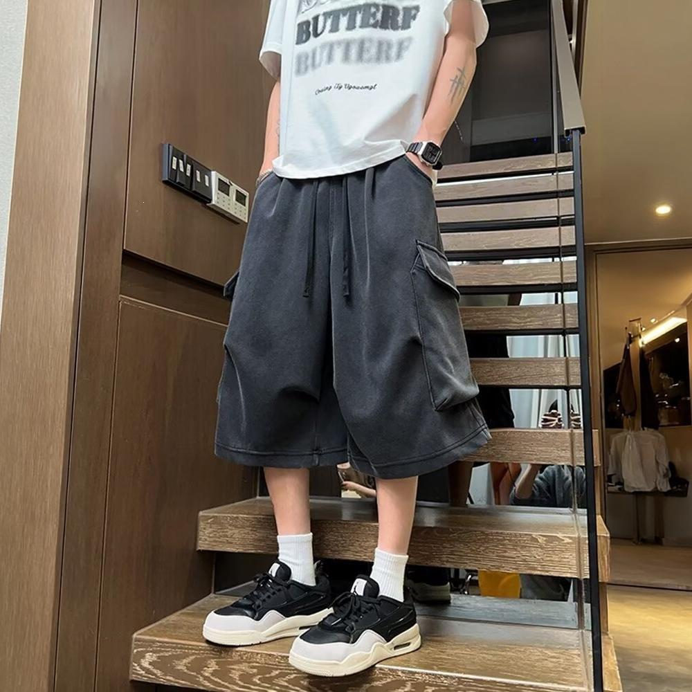 New summer multi-pocket cropped pants men's functional overalls are old casual straight-washed female paratroopers without