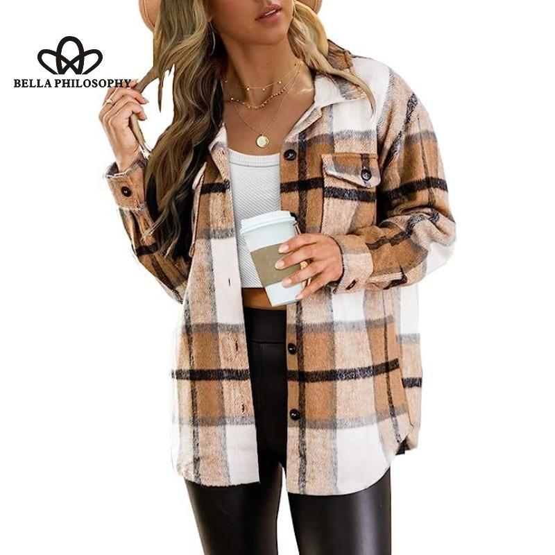 

Женская рубашка с большим карманом, повседневный клетчатый топ, свободная рубашка с длинным рукавом, модная повседневная женская рубашка, пальто M хаки