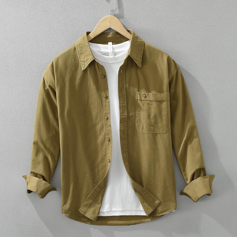 Frühling und Sommer 100 Baumwolle Langarm Herrenhemd Täglich Vielseitiges Freizeit-Oberteil Einfarbiges Hemd mit Tasche Schlichter Stil Herrenbekleidung