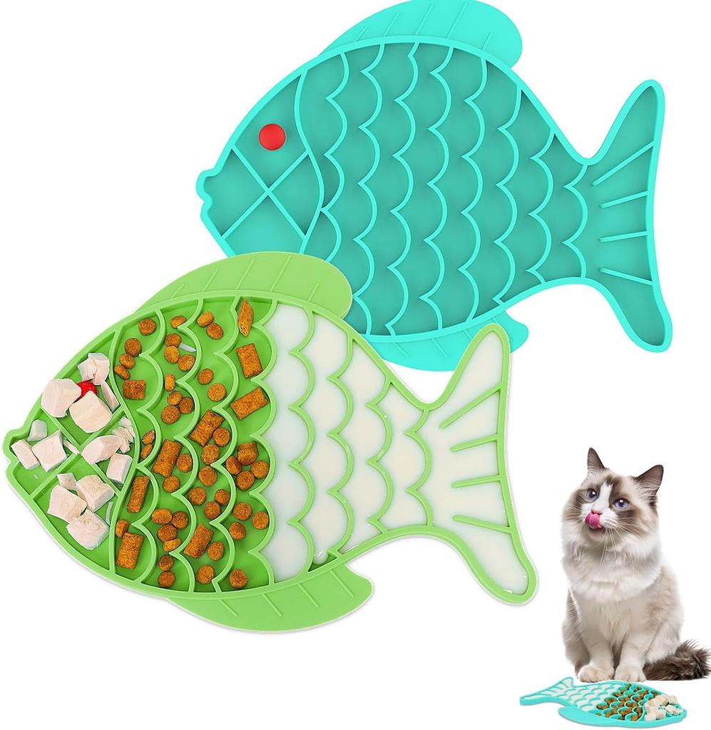 2 Pack Slow Feeder Cat Bowls, Fish-Shaped Silicone Puzzle Kitten Puppy Dog Feeders Non-Slip Design Lick Mat for Healthy Eatting