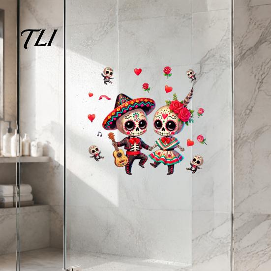 Mexican Skeleton Decals for Glass Halloween Cartoon Couple Window Stickers, Waterproof PVC Day of The Dead Static Decals, Traditional