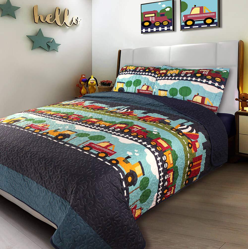 Children'S Train Theme Quilt Set Three-Piece Train Railway Track Duvet Set