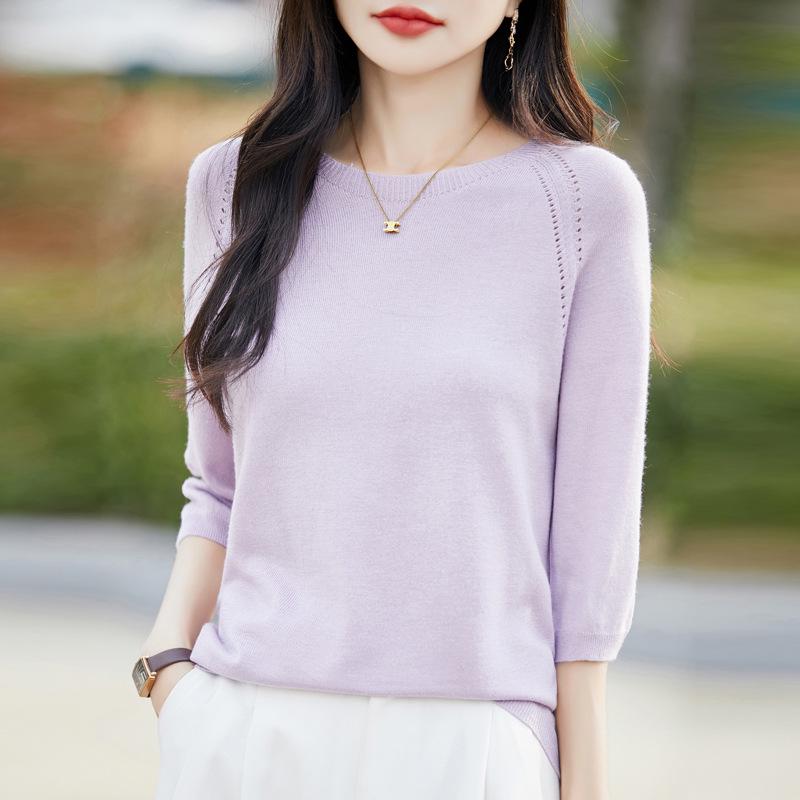 

Женское летнее вязаное платье-свитер с коротким рукавом реглан, круглым вырезом и ажурной вязкой - однотонное XXL лаванды фиолетового