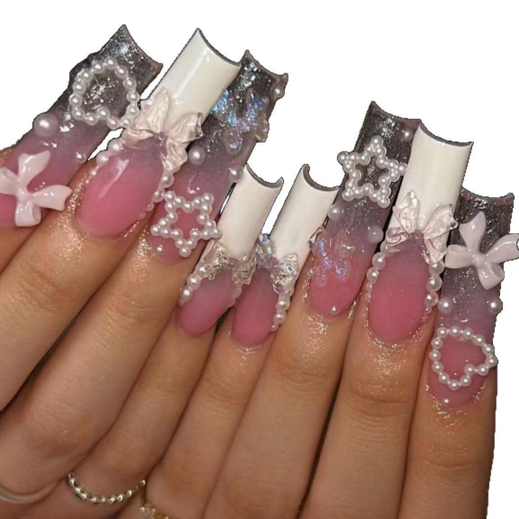 Unghii Pătrate 3D cu Inimă și Fundă, de Lungime Medie, Detașabile, Tip Presă