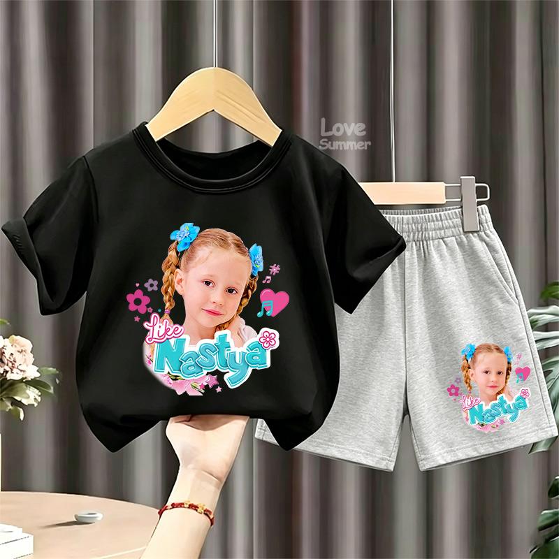 Schönes Like Nastya T-Shirt für Kinder, Sommer-Kurzarm-T-Shirt und Shorts, 2-teiliges Set, Kleinkind-Mädchen-Outfits, Kinder Freizeit-Sportanzug