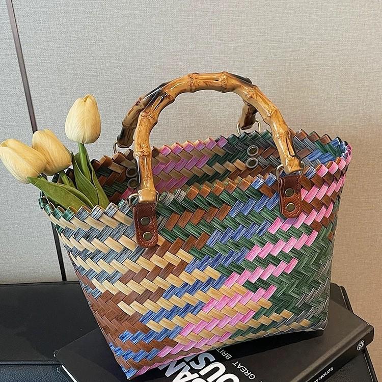 Elegant Handmade Bamboo Woven Tote – Stylish Rattan-Style Beach & Makeup Bag