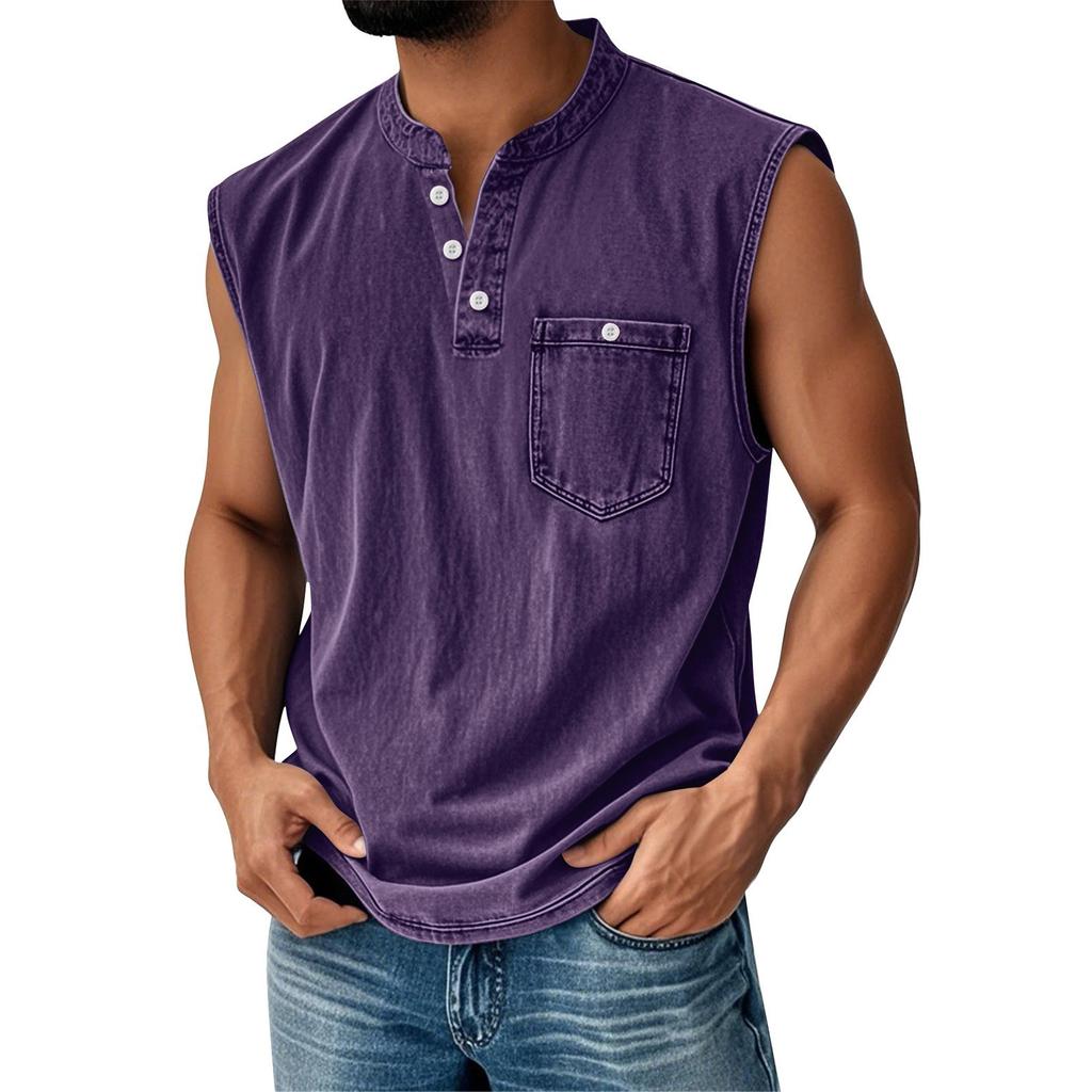 Canotta da uomo senza maniche con scollo Henley, abbottonatura e taschino sul petto, vestibilità casual ampia, maglietta estiva