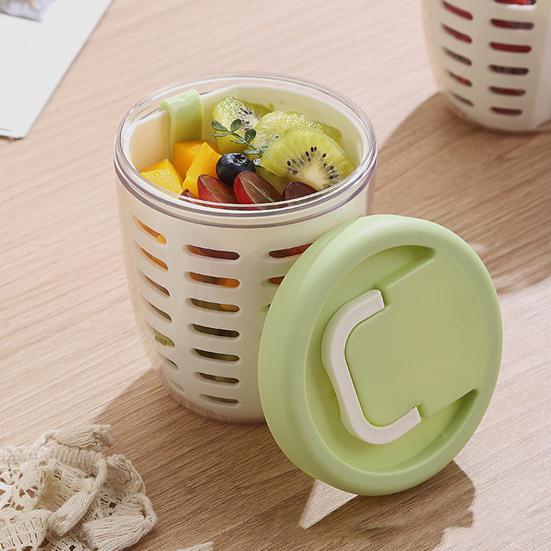 650ML Picnic Salad Box Fruit Cup with Fork Double-Layer Quick-Draining Leak-Proof Compact Sealed Food Storage Containers for Travel Picnic Camping