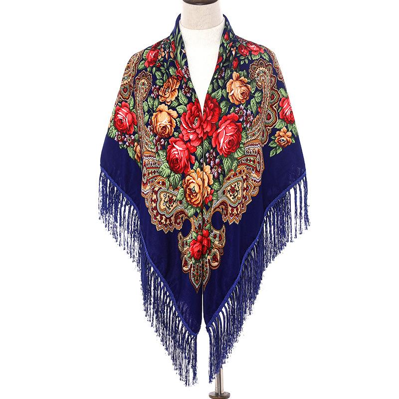 130*130Cm  National Square Scarves Women'S Luxury Peony Flower Print Fringed Shawl Handkerchief Cotton Head Wraps